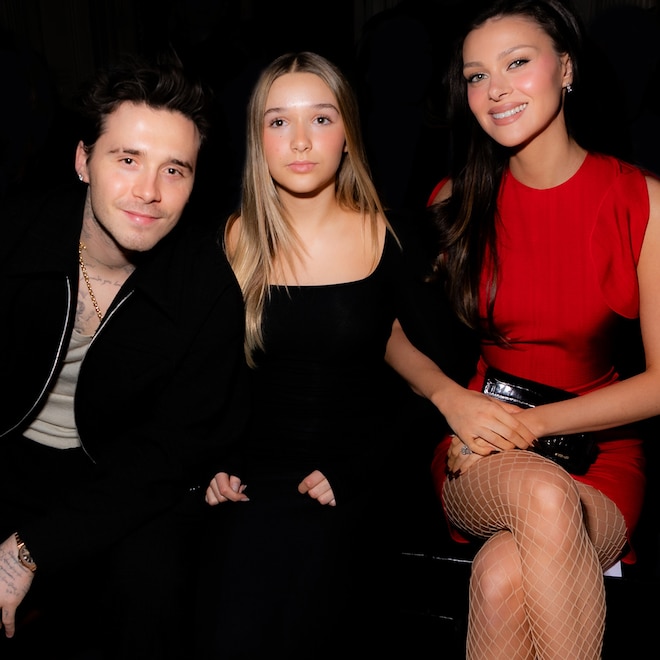 Brooklyn Beckham, Harper Beckham, and Nicola Peltz Beckham at Victoria Beckham RTW Fall 2024 as part of Paris Ready to Wear Fashion Week held at Hôtel Salomon de Rothschild on March 1, 2024 in Paris